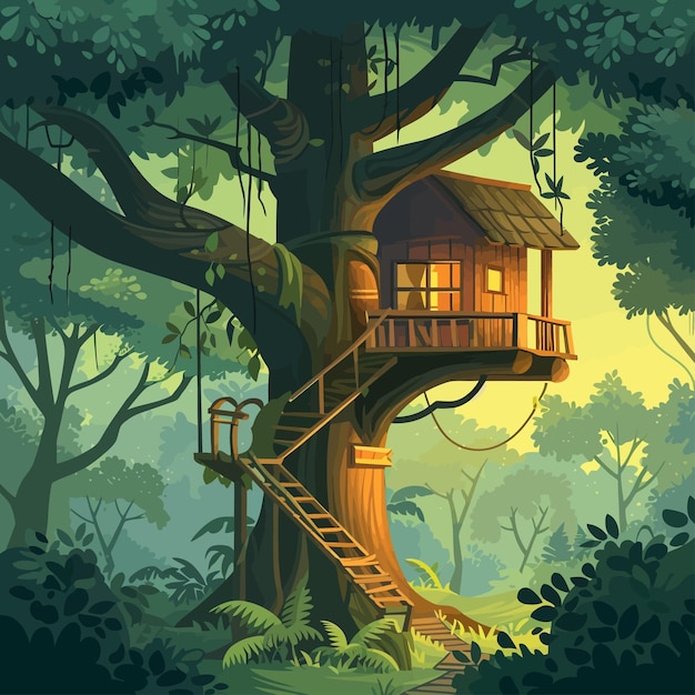 Ilustración de la casa del árbol en el bosque