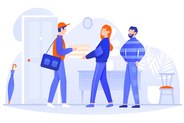 Ilustración de casa de entrega de alimentos. Carácter de mensajero cartero feliz de dibujos animados entrega caja a clientes pareja personas, sosteniendo el paquete con comida en las manos. servicio de entrega rápida en blanco
