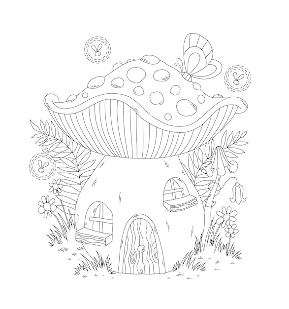 Ilustración de la casa de hongos toadstool de contorno negro con luciérnagas de mariposa y hierba con flores