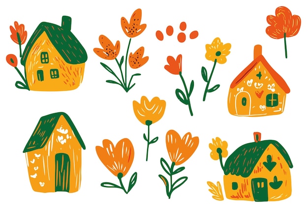 Ilustración de casas y flores dibujadas a mano