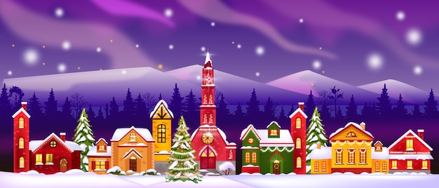 Ilustración de casas de invierno de Navidad con iglesia, fachadas decoradas, silueta de bosque, cielo
