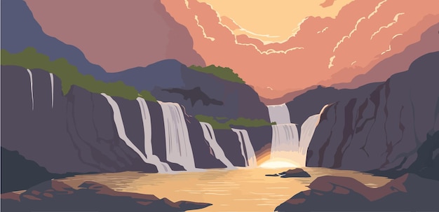 Vector una ilustración de una cascada durante una puesta de sol.