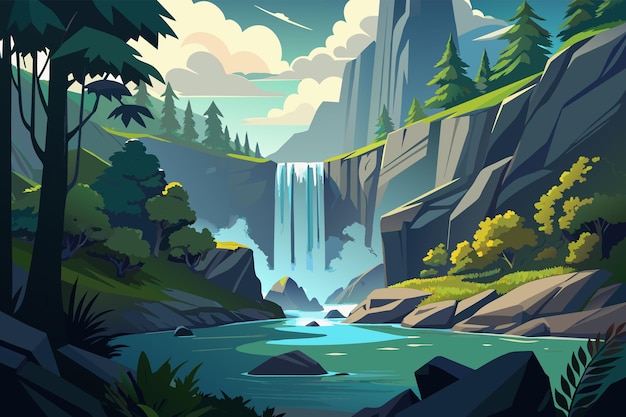 Vector ilustración de una cascada serena que cae en cascada por las rocas de musgo