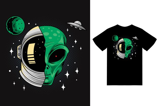 Ilustración de casco alienígena y astronauta con vector premium de diseño de camiseta