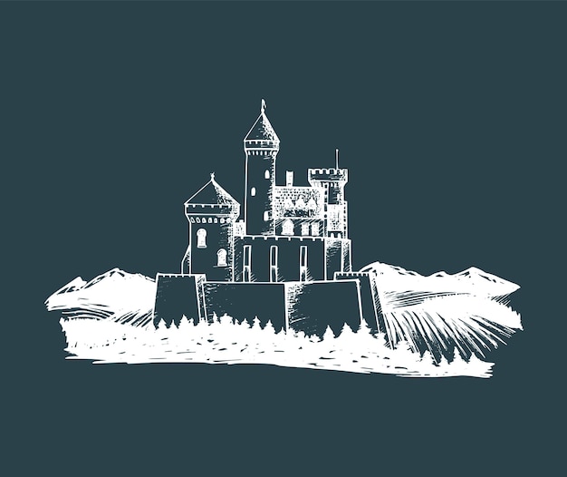 Ilustración de castillo antiguo vectorial Fondo de fortaleza gótica Bosquejo dibujado a mano del paisaje con torre antigua entre campos rurales y colinas