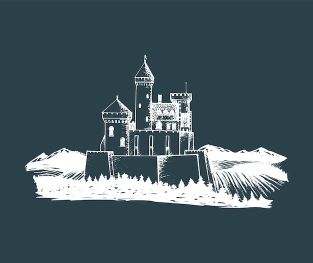 Vector ilustración de castillo antiguo vectorial fondo de fortaleza gótica bosquejo dibujado a mano del paisaje con torre antigua entre campos rurales y colinas