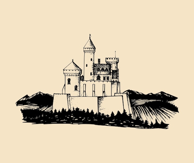 Vector ilustración de castillo antiguo vectorial fondo de fortaleza gótica bosquejo dibujado a mano del paisaje con torre antigua en las montañas