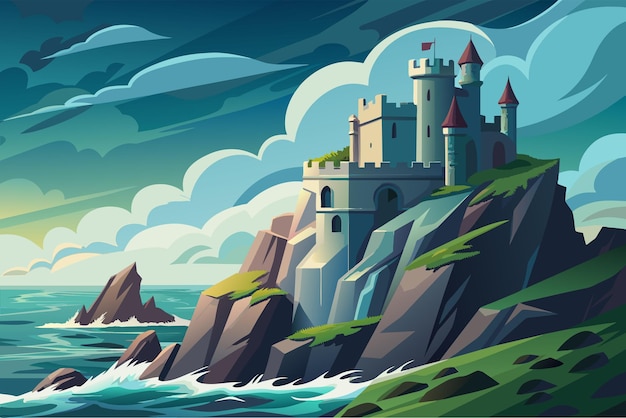 Vector ilustración de un castillo con múltiples torres en un acantilado empinado con vistas al mar con olas que se estrellan contra las rocas e islas distantes visibles bajo un cielo parcialmente nublado