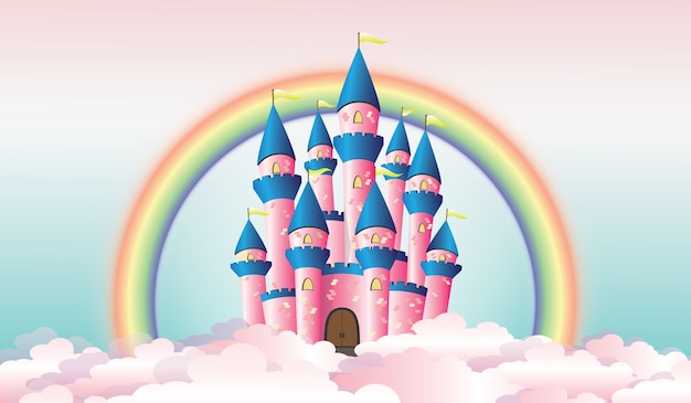 Ilustración del castillo entre las nubes con el arco iris en el fondo