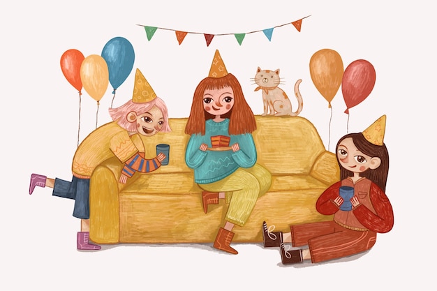 Ilustración de celebración de cumpleaños de niña linda