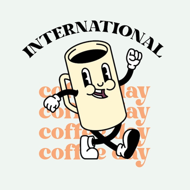 ilustración de celebración del día internacional del café con mascota de café de personaje retro de dibujos animados lindo