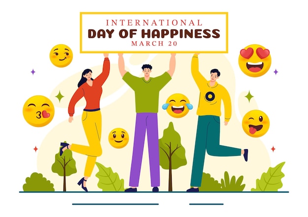 Ilustración de la celebración del día mundial de la felicidad con expresión de rostro sonriente y fondo amarillo