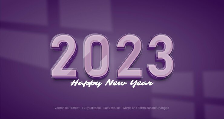 Vector ilustración de celebración de feliz año nuevo con número editable 2023 en estilo de vidrio
