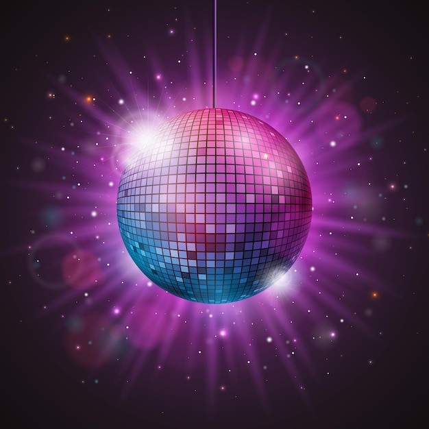 Ilustración de celebración de la fiesta con bola de discoteca brillante con superficie reflectante y brillo en brillante