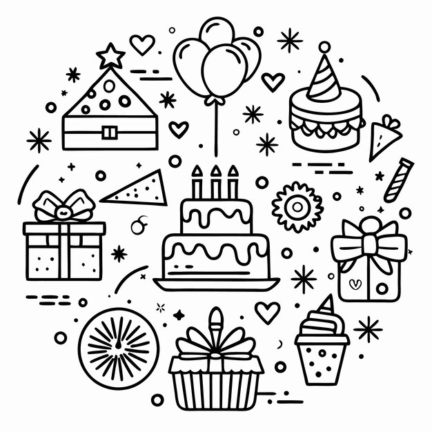 Ilustración de celebración de la fiesta de cumpleaños con regalos de globos de pastel y confeti