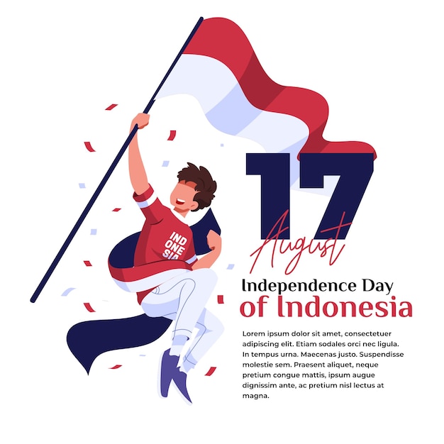 Vector ilustración de la celebración de la independencia de indonesia un joven feliz llevando un bastón de bandera