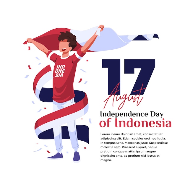 Ilustración de la celebración de la independencia de indonesia un joven levanta una bandera en la mano