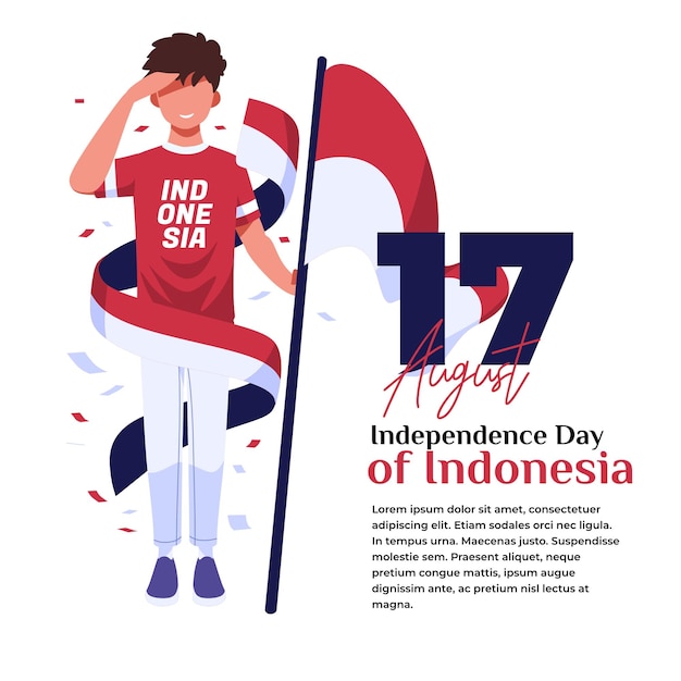 Vector ilustración de la celebración de la independencia de indonesia un joven llevando respetuosamente una bandera