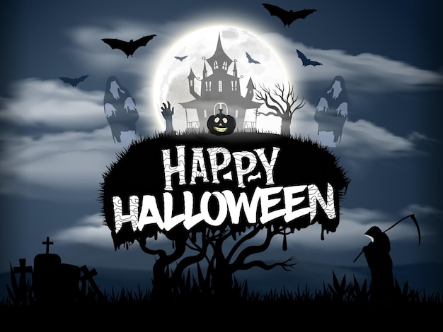 Ilustración de celebración de la noche de Halloween con vector de castillo embrujado y Feliz Halloween