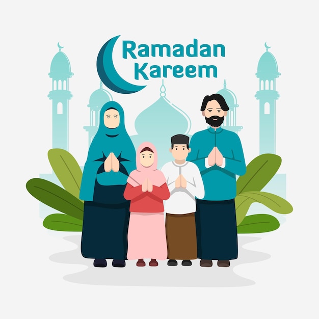 Vector ilustración de la celebración del ramadán kareem los musulmanes se reúnen con la familia felizmente