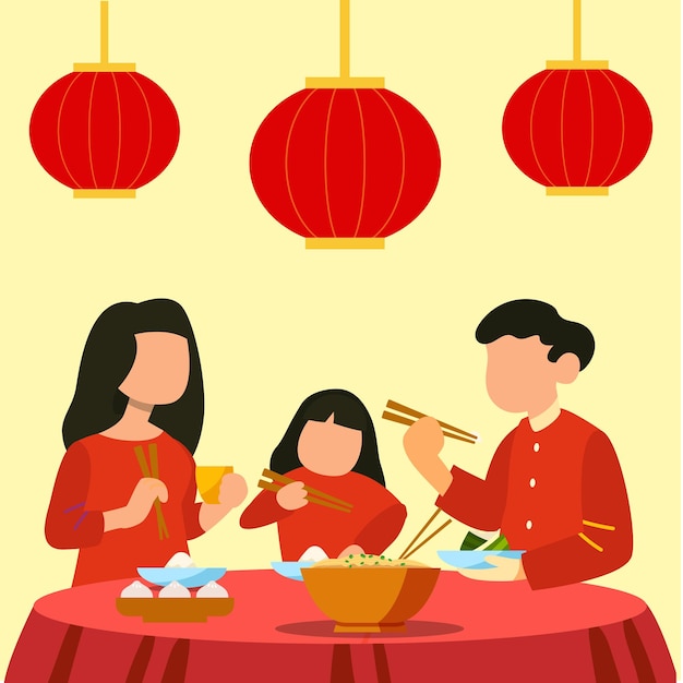 Ilustración de la cena de Año Nuevo chino con personas chinas y linternas
