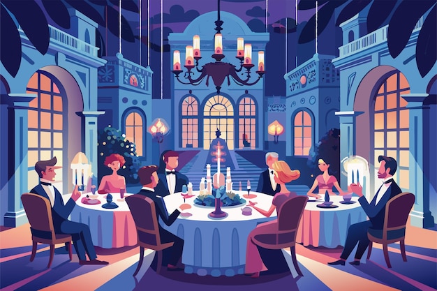 Ilustración de una cena en un gran comedor con techos altos, grandes ventanas y un candelabro con ocho personas sentadas alrededor de una mesa redonda decorada con velas y configuraciones de mesa