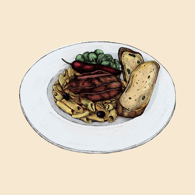 Ilustración de una cena de pasta penne