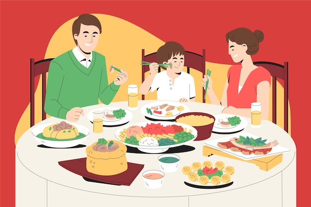 Ilustración de cena de reunión de año nuevo chino plano