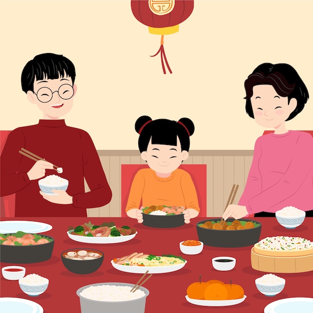 Vector ilustración de cena de reunión de año nuevo chino plano