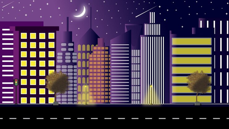 Ilustración del centro de la ciudad por la noche