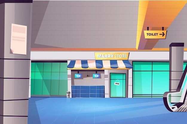 Ilustración de un centro comercial con un piso brillante sin gente