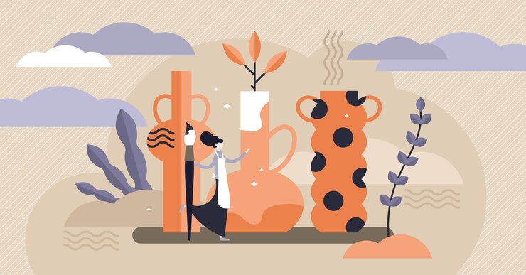 Vector ilustración de cerámica. pequeño concepto de persona de vasos de arcilla