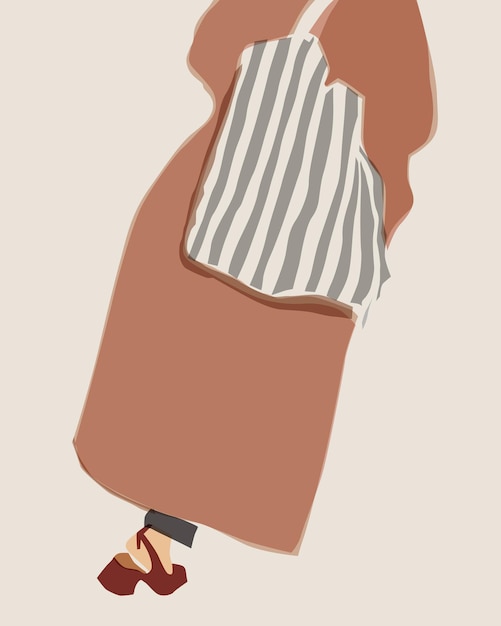 Vector ilustración de cerca de una mujer de moda con un abrigo largo y una bolsa de bolsos a rayas