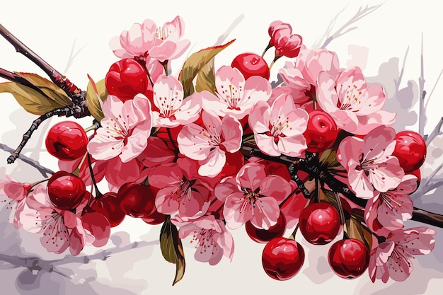 Ilustración de cerezas cerezas y flores en una rama aislada conjunto de cerezas