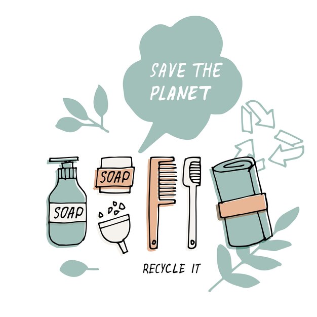 ilustración cero residuos, reciclaje, herramientas ecológicas, colección de iconos de ecología con lemas. Paquete de etiqueta. Cotización de protección del medio ambiente