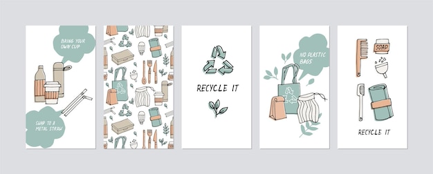 ilustración cero residuos, reciclaje, herramientas ecológicas, colección de iconos de ecología con lemas.