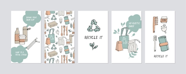 Ilustración cero residuos, reciclaje, herramientas ecológicas, colección de iconos de ecología con lemas.