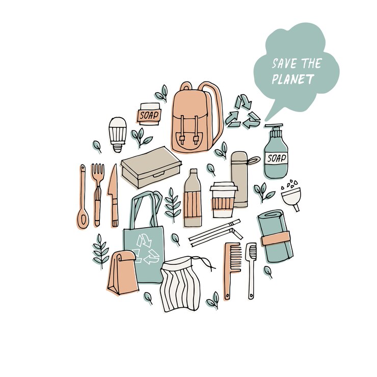 Ilustración cero residuos reciclar herramientas ecológicas colección de iconos de ecología
