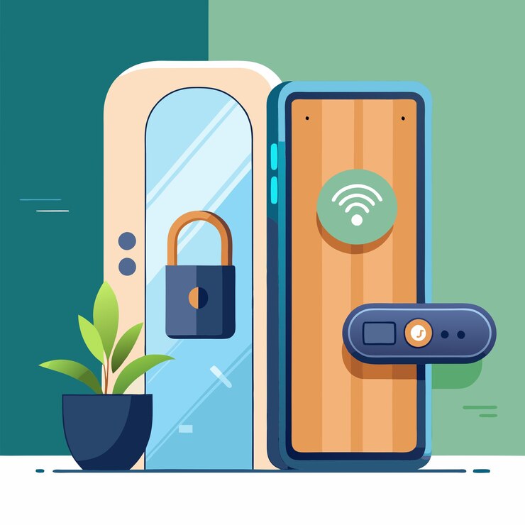 Vector ilustración de una cerradura inteligente que se puede controlar a través de una aplicación de teléfono inteligente