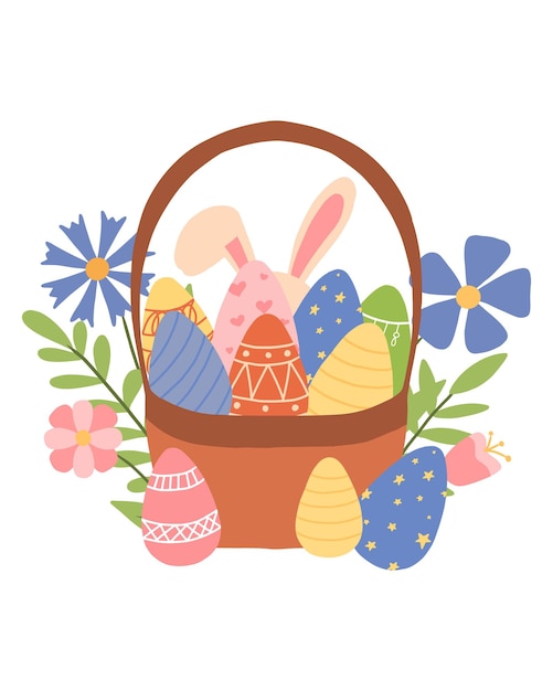 Ilustración de una cesta de huevos de Pascua. ilustración vectorial Bonita ilustración de una cesta con huevos decorados. ilustración vectorial