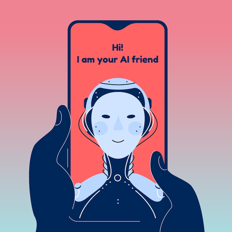 Vector ilustración de chat de robot chatbot. ilustración detallada aislada de la aplicación de amigo ai. ayuda y apoyo emocional y psicológico.