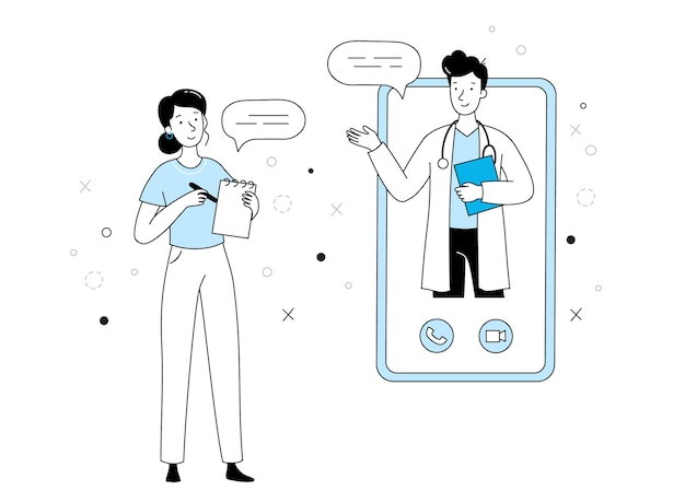 Ilustración de chat de salud móvil en línea de médico y paciente Esquema de estilo de doodle de médico joven Aplicación de medicina de teléfono clínica en línea ilustración de vector de servicio de farmacia móvil