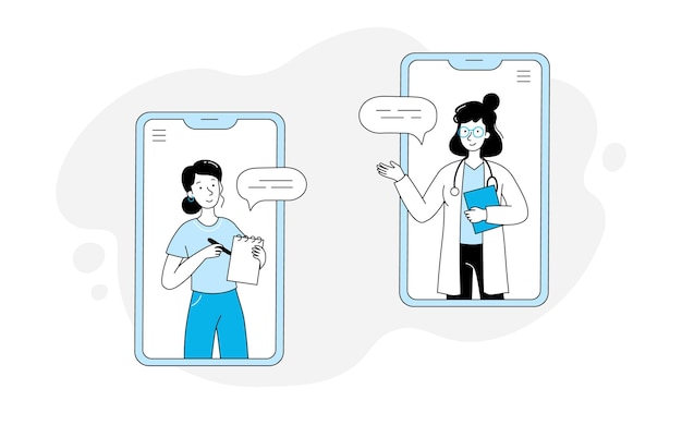 Ilustración de chat de salud móvil en línea de médico y paciente Mujer médico esquema estilo de dibujo Teléfono aplicación de medicina clínica en línea servicio de farmacia móvil ilustración vectorial