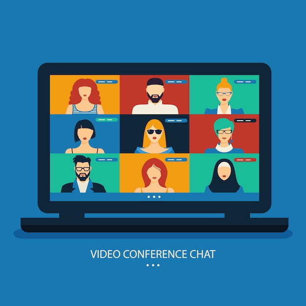 Ilustración de chat de video conferencia. Lugar de trabajo, pantalla de computadora portátil, grupo de personas. Transmita, chatee en la web, conozca amigos en línea
