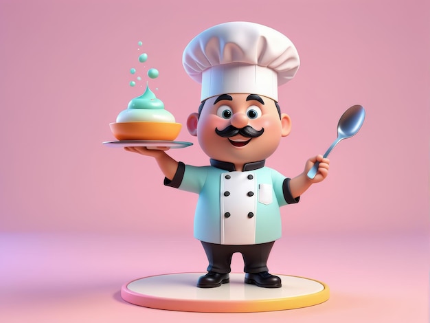 Ilustración de un chef de dibujos animados con un gran pastel y una ilustración 3D del chef de caricaturas con ingenio