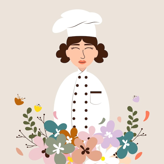 Ilustración de una chef sonriente con un marco floral