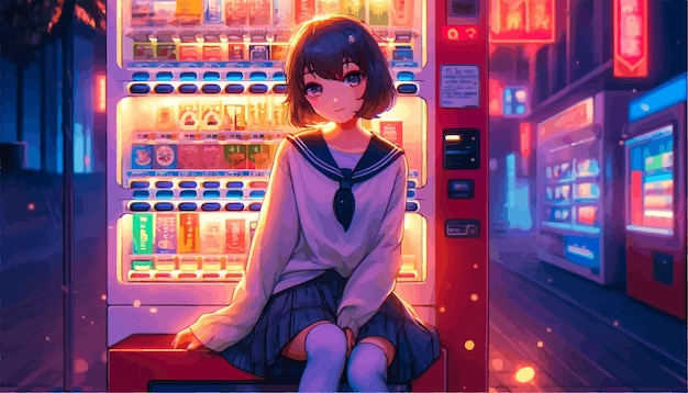 Ilustración de una chica de anime sentada junto a las máquinas expendedoras por la noche