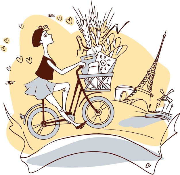 La ilustración de una chica en bicicleta con una bolsa de deliciosas baguettes francesas recorre una calle parisina