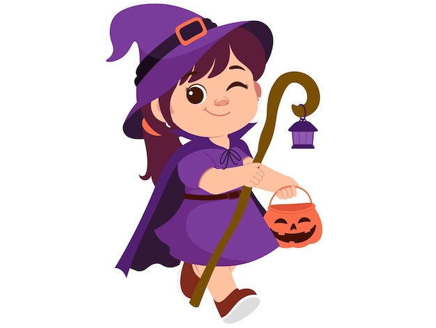 Ilustración de la chica bruja con calabaza y varita