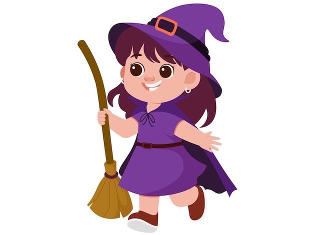 Ilustración de una chica bruja feliz con una escoba de bruja